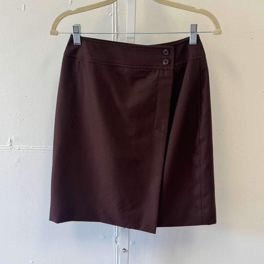 Vintage Lord & Taylor Brown 100% Pure New Wool Button Wrap Mini Skirt Size 4